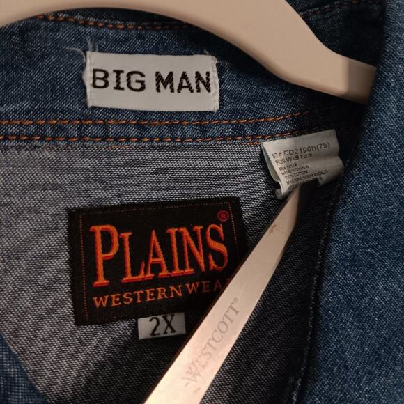 Plains Vintage Western Denim Shirt Men 2X  Blue Pearl Snap Big Mans Short Sleeve - Picture 8 of 15